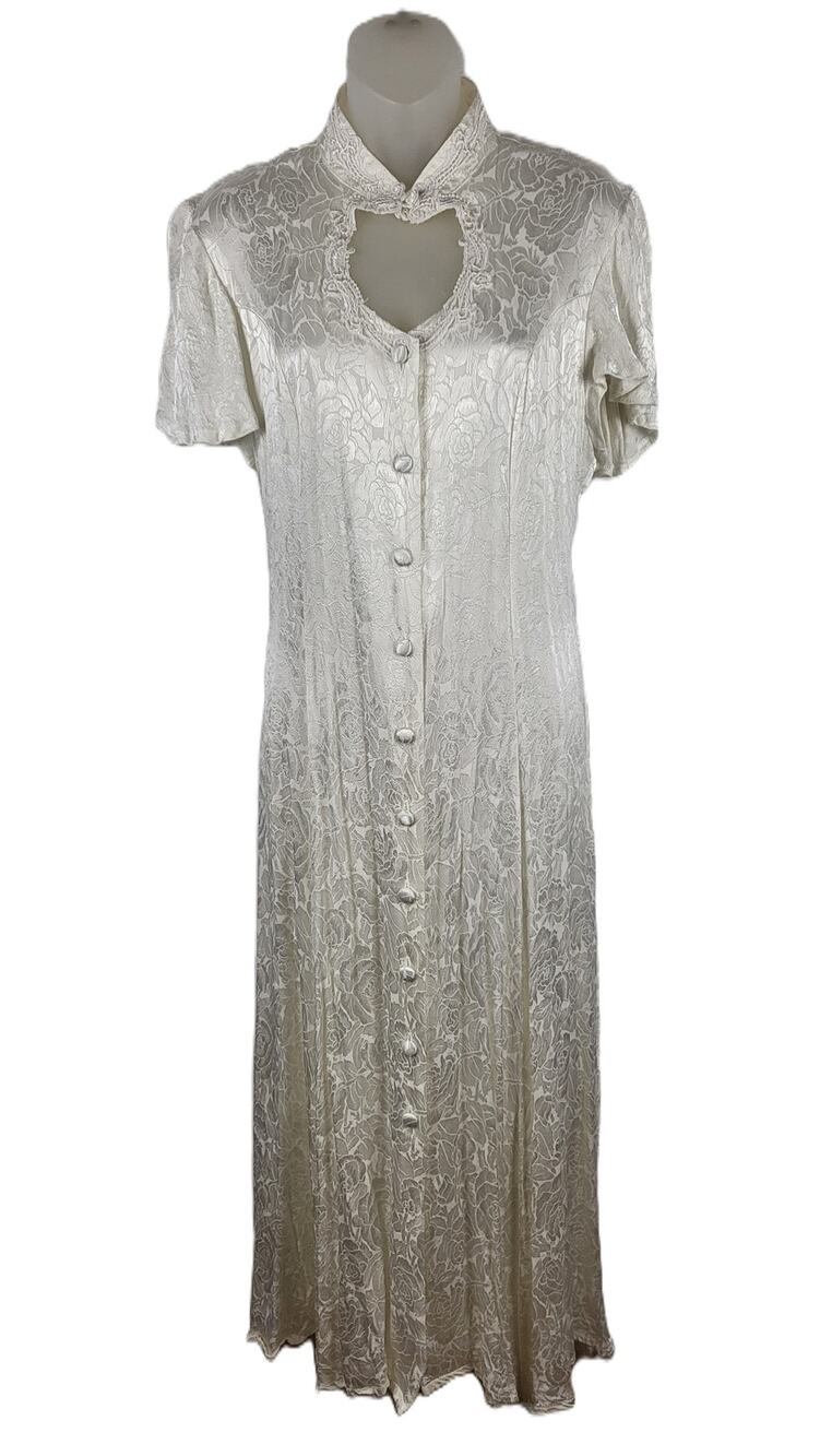Vintage 80s 90s NEW FRONTIER Western Victorian Satin Dress Ivory Junior Size 15